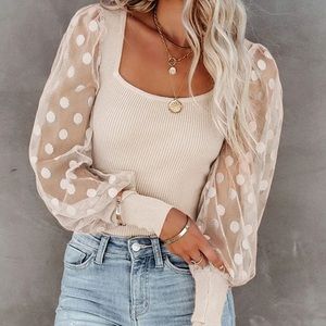 Sheer long sleeve polka dot blouse fitted - cream